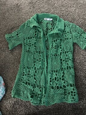 Zara Bright Green Crochet Openwork Short-Sleeve Cardigan
